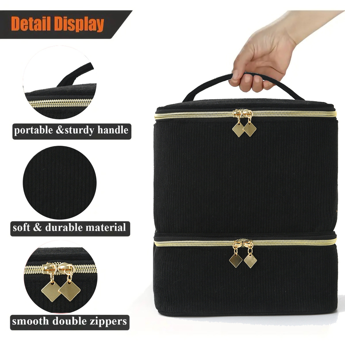 Feihong Cross-border Double-layer Makeup Bag, high appearance level nail polish storage bag, large-capacity corduroy portable makeup bag Specification drawing