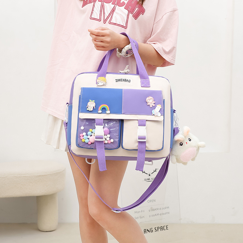 New color-blocking crossbody bag, hand-held schoolbag, cute Instagram forest-themed backpack for female students, large-capacity class bag Application Scenario