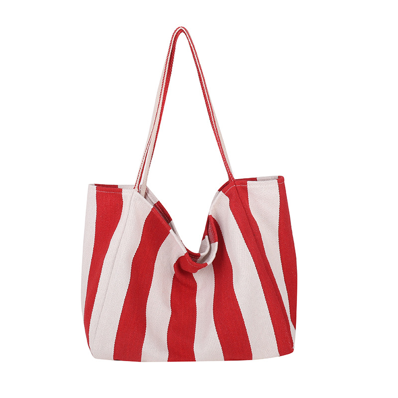 Korean retro artistic handbag, simple and fresh striped canvas bag, casual and fashionable, large-capacity single-shoulder women's bag Item Picture