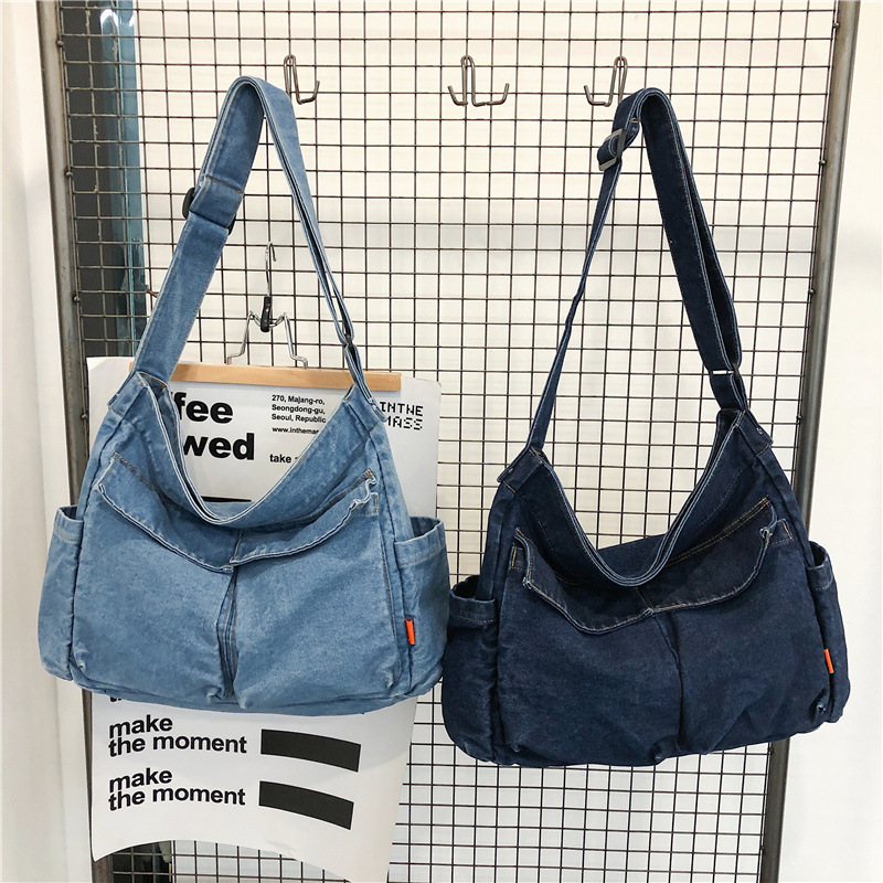 Denim bag, Korean-style artistic single-shoulder bag, tote bag, Japanese-style Harajuku retro laid-back style women's large-capacity crossbody bag Specification drawing