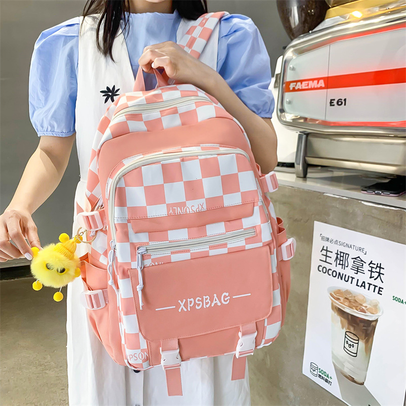 Wholesale of four-piece sets of cross-border Korean version casual backpacks for middle school students, large capacity checkered simple backpacks details Picture