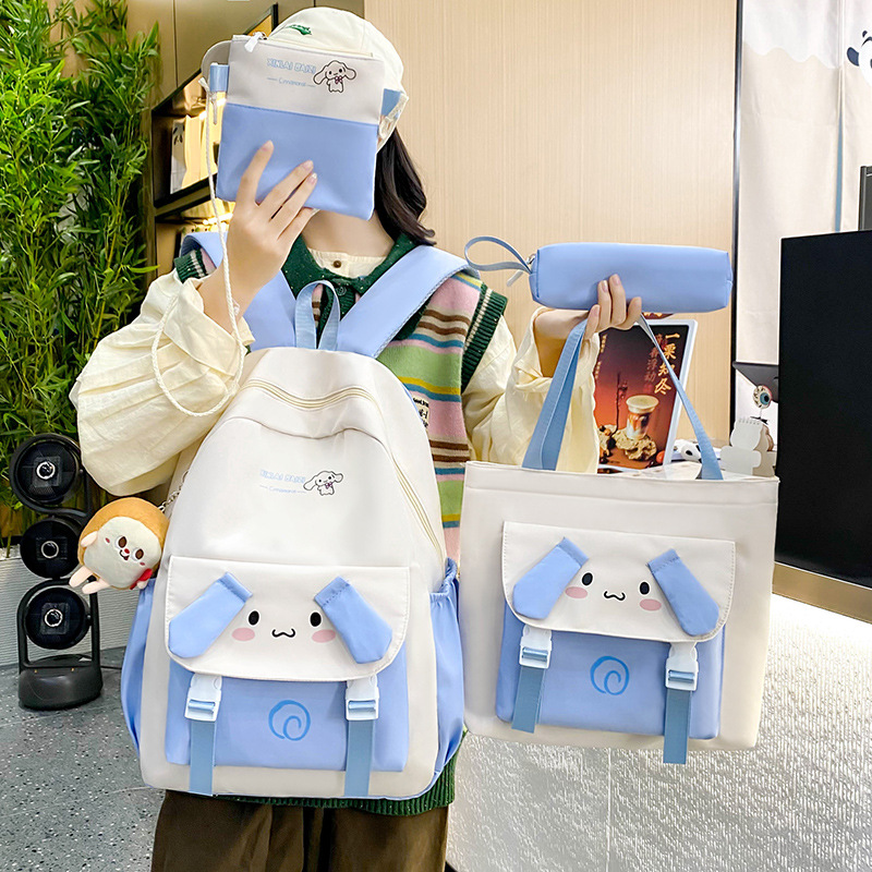 New cartoon cute student schoolbag four-piece set, trendy and fashionable color-blocking backpack, large-capacity casual backpack for women details Picture