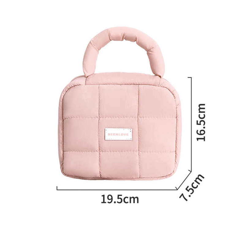 New puff square storage bag, macaron-colored soft hand-held makeup bag for girls, large-capacity waterproof toiletry bag Application Scenario
