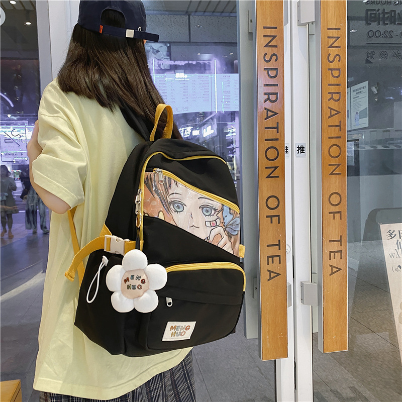 A new Korean version of a backpack for girls, featuring cartoon and anime nylon, is a trendy and casual schoolbag for junior high school students Specification drawing