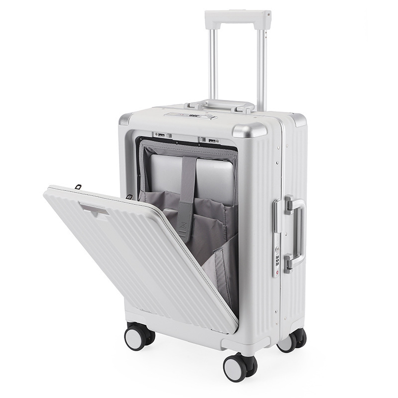 Leisure travel suitcase with front opening, multi-functional cup holder, USB port, large capacity, aluminum frame carry-on suitcase Item Picture