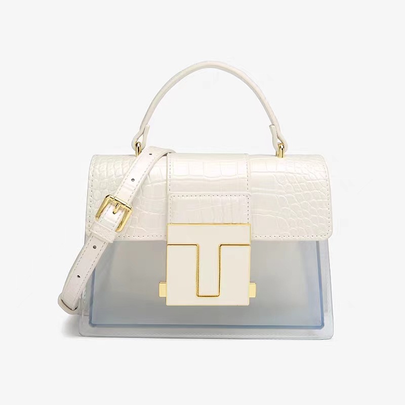 The 2025 new high-end and light luxury crocodile pattern saddle bag is a niche single-shoulder hand-held crossbody bag with a patchwork transparent color for women Specification drawing