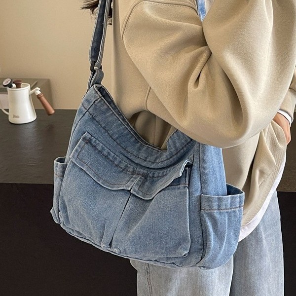 Denim bag, women's crossbody bag, large-capacity tote bag, Korean-style trendy underarm bag, versatile and casual single-shoulder bag full figure