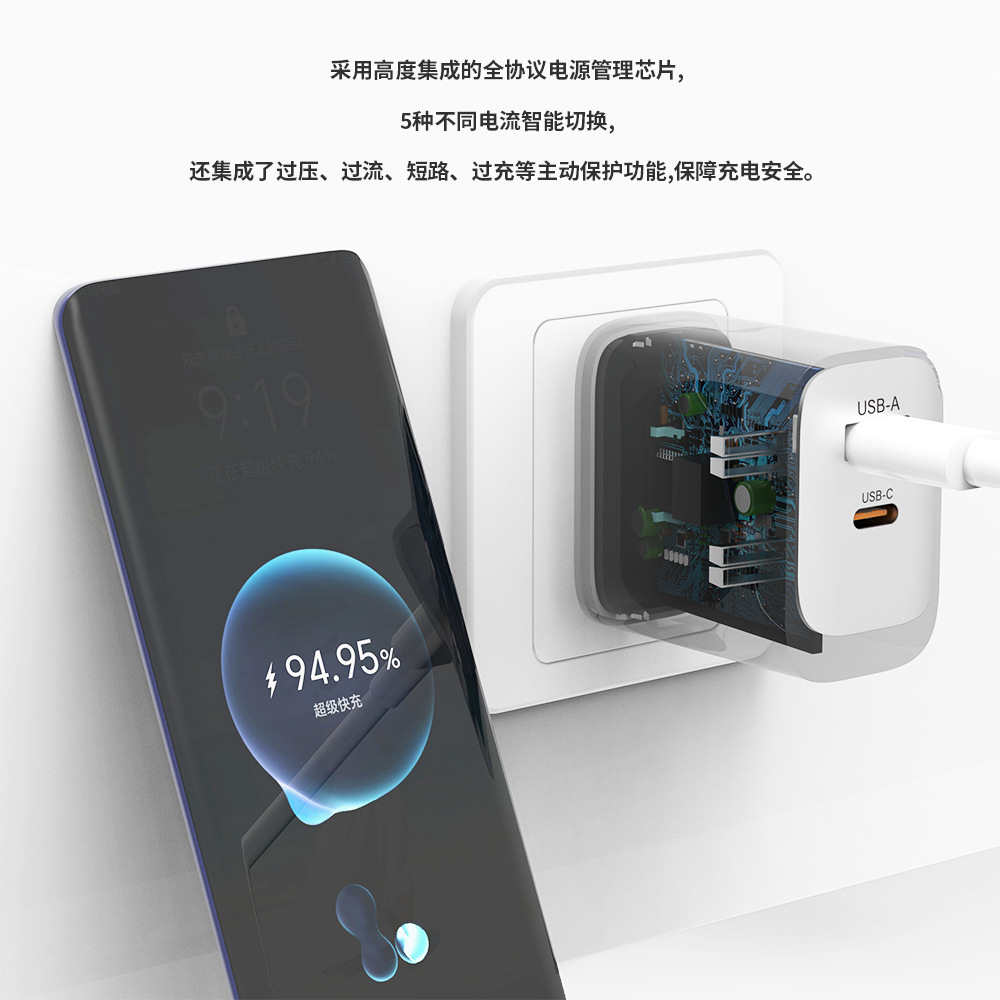 Wholesale of cross-border best-selling multi-port fast charging heads, European, American and British standard mobile phone chargers, QC3.0PD charging heads Specification drawing
