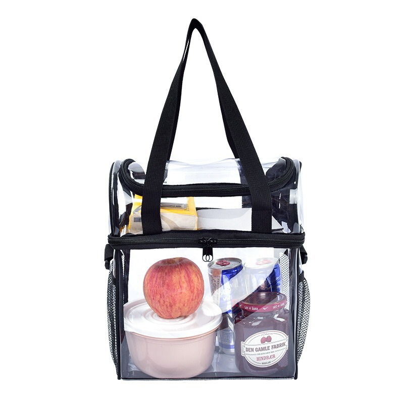 Manufacturer's transparent pvc lunch bag, hand-held, double-layer multi-functional, single-shoulder portable, zipper, waterproof and multi-purpose Item Picture