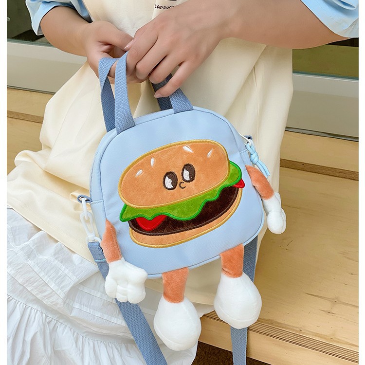 Parent-child cute single-shoulder crossbody bag, girl cartoon plush embroidered hamburger bag, girl hand-held crossbody bag Specification drawing