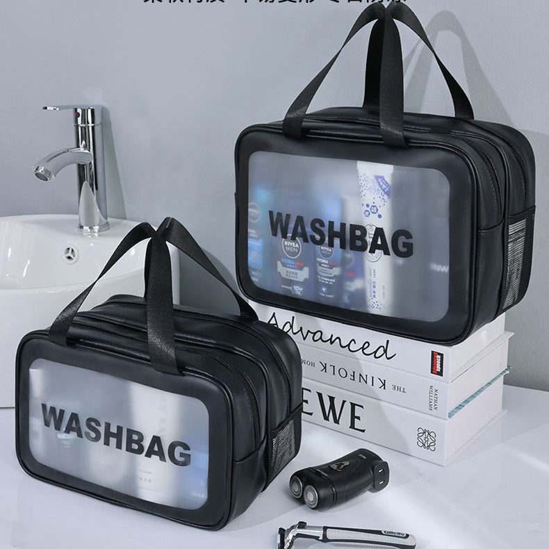 Transparent dry-wet separation toiletry bag, matte PU travel bag, portable hand-held large-capacity double-layer bath storage bag full figure
