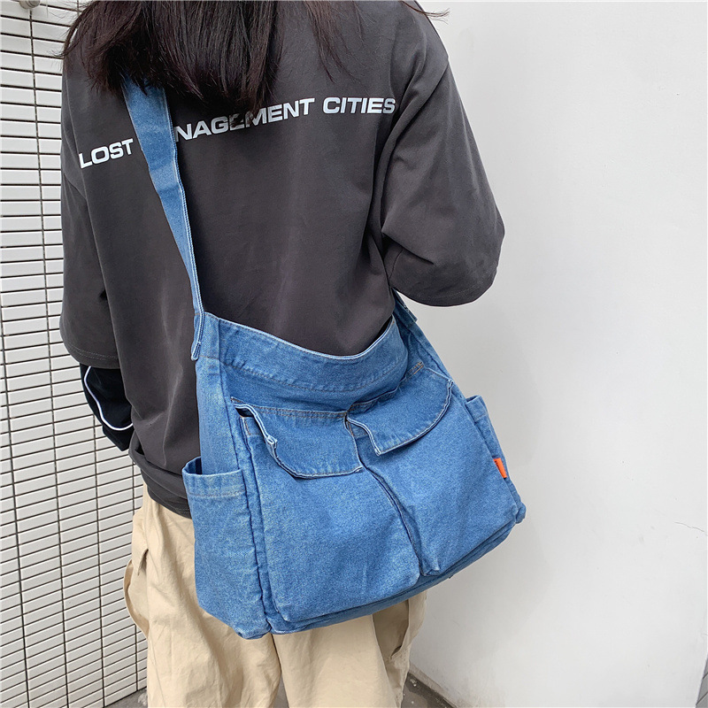 Order denim canvas bags, Korean-style artistic single-shoulder bags, Japanese-style Harajuku retro laid-back women's large-capacity crossbody bags full figure