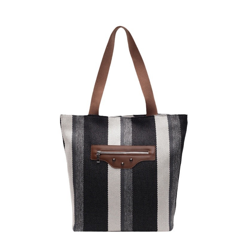 Autumn and winter versatile canvas large bag for women, 2024 new style fashionable striped tote bag, casual commuting single-shoulder armpit bag Item Picture