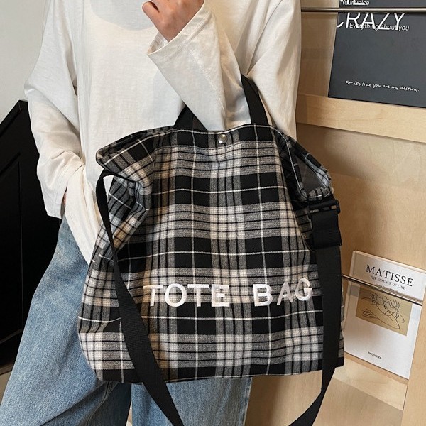 Canvas bag, shoulder bag, large-capacity women's retro new 2024 shopping bag, checkered bag, tote bag, versatile for commuting Specification drawing