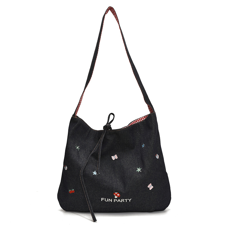 2025 New denim dual-purpose single-shoulder bag for girls, cute embroidered single-shoulder crossbody bag, portable large-capacity student schoolbag Item Picture