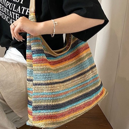 Summer large-capacity rainbow straw woven bag 2025 new style women's bag, fashionable commuting single-shoulder bag, lazy style tote bag details Picture