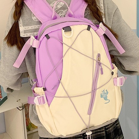 2024 New large-capacity spliced American-style schoolbag for junior high school students, high appearance level, casual and simple double-shoulder backpack for girls full figure