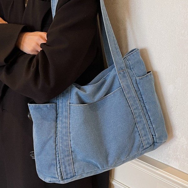 Casual commuting single-shoulder bag, Korean-style denim bag, large-capacity girls' artistic tote bag, student schoolbag full figure