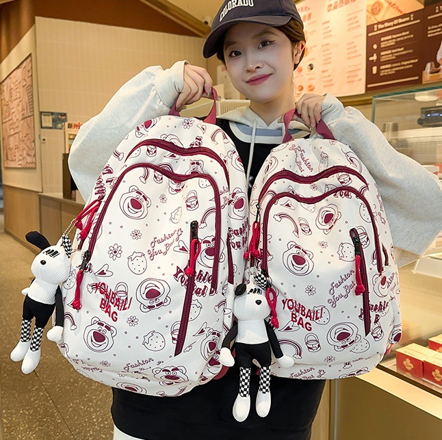 Korean style Instagram backpack, high appearance level, girl cartoon bear print, Harajuku style, large capacity, lightweight and versatile backpack full figure