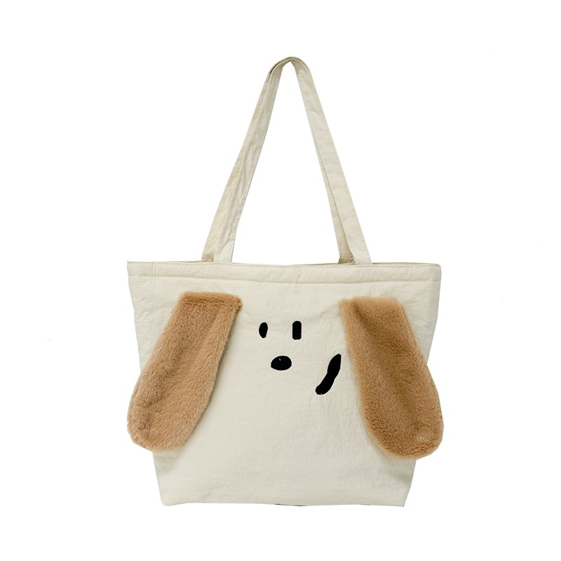 Cute cream-patterned, fluffy, cotton-padded, large-capacity single-shoulder canvas bag, Tote, large-capacity, original design cartoon bag Item Picture