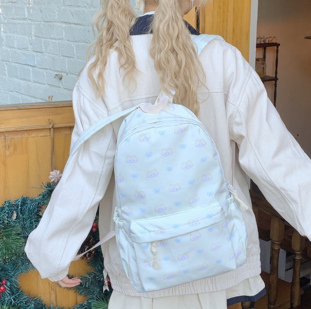 Cartoon cute little cat school-style backpack, soft girl, large-capacity casual school bag, travel backpack full figure