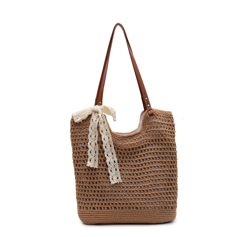 Beach holiday woven Tote bag for women, ins forest-themed artistic and casual, cotton thread hollowed-out net pattern woven single-shoulder bag Item Picture