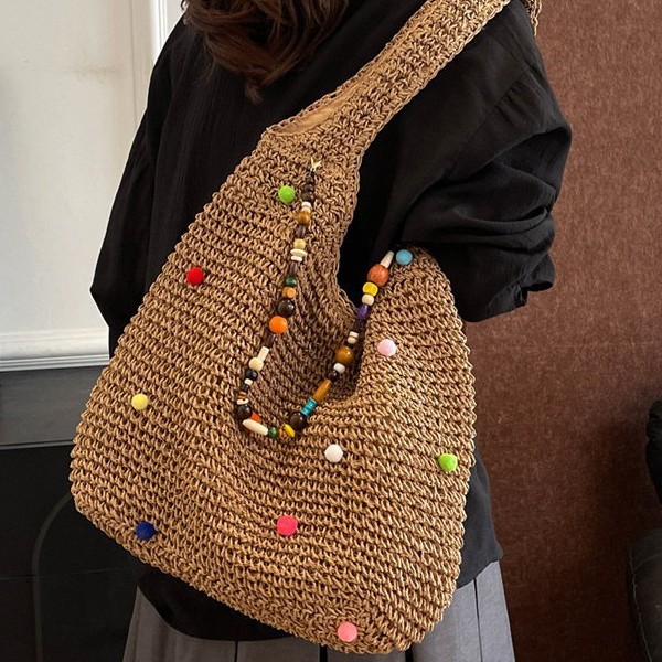 Laid-back seaside commuter single-shoulder tote bag, vacation woven bag, women's summer colorful dot cutout underarm bag, large capacity details Picture
