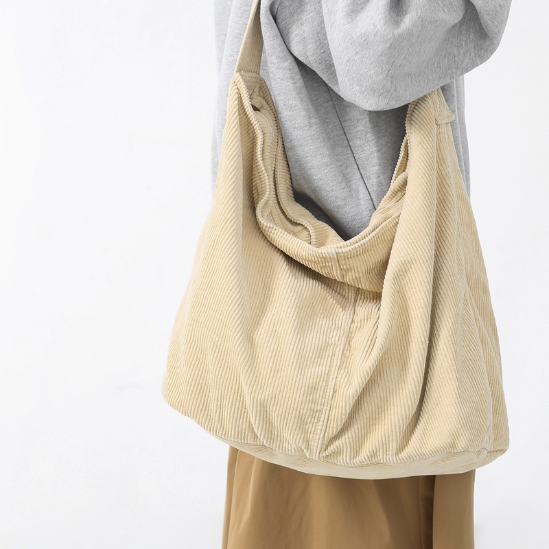 Corduroy fabric bag, Japanese-style simple large-capacity crossbody bag, simple and artistic single-shoulder bag, solid-color tote bag for college students full figure