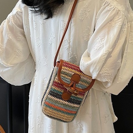 Summer simple color-blocking woven mobile phone bag 2025 new lightweight and casual beach straw woven bag niche single-shoulder bag Specification drawing
