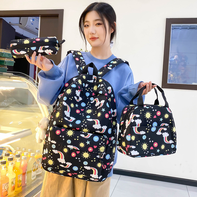 Three-piece set of foreign trade backpack for female students, Korean style simple and casual backpack, large-capacity schoolbag for primary and secondary school students full figure