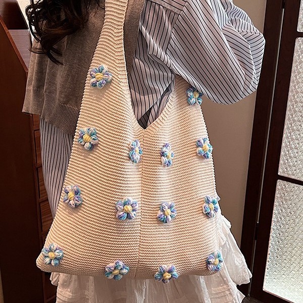 Spring 2025 new style of cute, fashionable and simple Korean-style knitted bag, single-shoulder bag and colorful flower tote bag Specification drawing