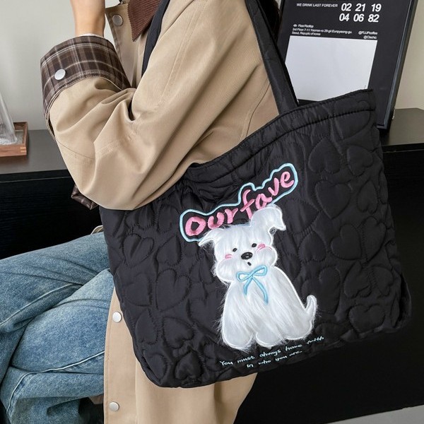 Casual and cute puppy cotton bag, large-capacity zipper tote bag, soft and glutinous quilted heart-shaped baby pink single-shoulder bag for girls Specification drawing