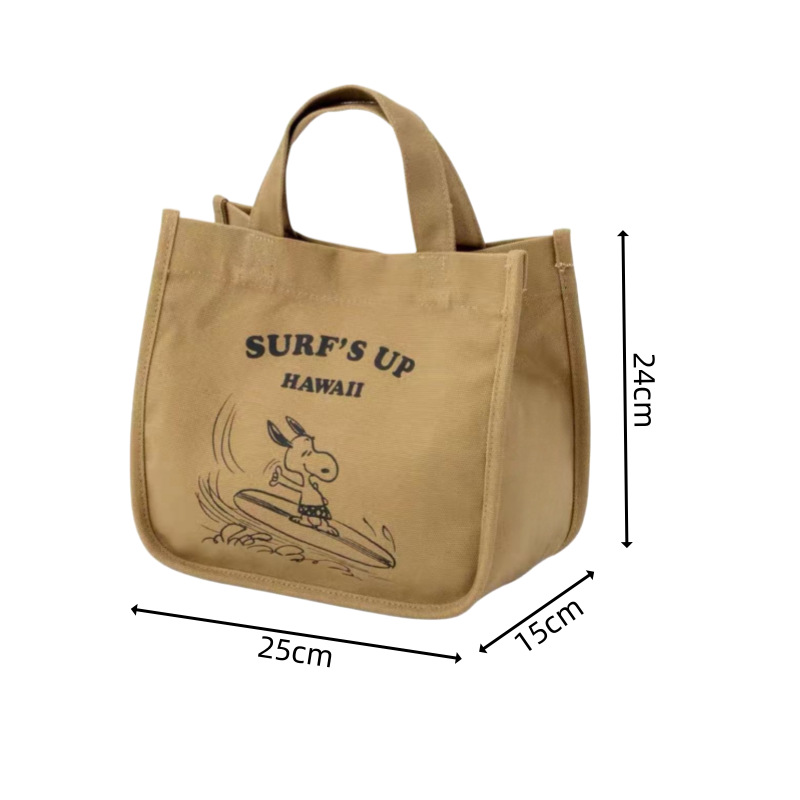 Canvas trendy cartoon pattern lunch box and bento bag, portable large-capacity simple hand-held bag for office workers and students Application Scenario
