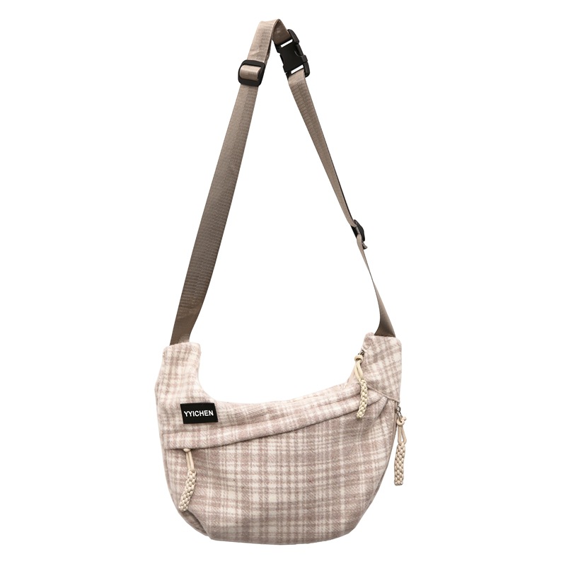 Autumn and winter checkered woolen dumpling bag, Japanese-style Instagram, simple and retro, Korean-style crossbody bag, casual girls' single-shoulder bag Item Picture