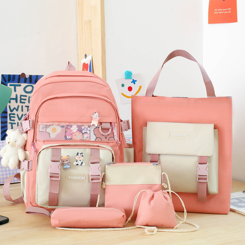 New five-piece schoolbag set for girls, Korean style Harajuku color block, large-capacity junior high school backpack, middle school backpack full figure