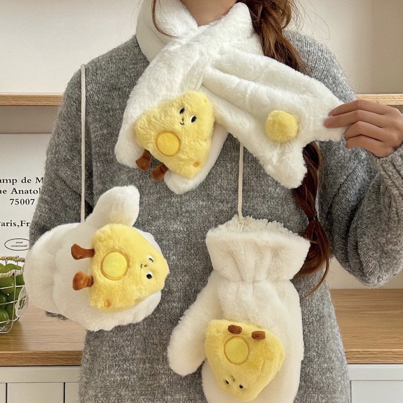 New two-piece set of three-dimensional cute cheese for students to keep warm and protect against the cold in autumn and winter, thickened mitten gloves, crossed neck for girls full figure
