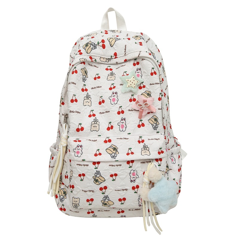 New female ins style cherry print backpack with large capacity, casual and high appearance level, cute cartoon schoolbag for middle school students Item Picture