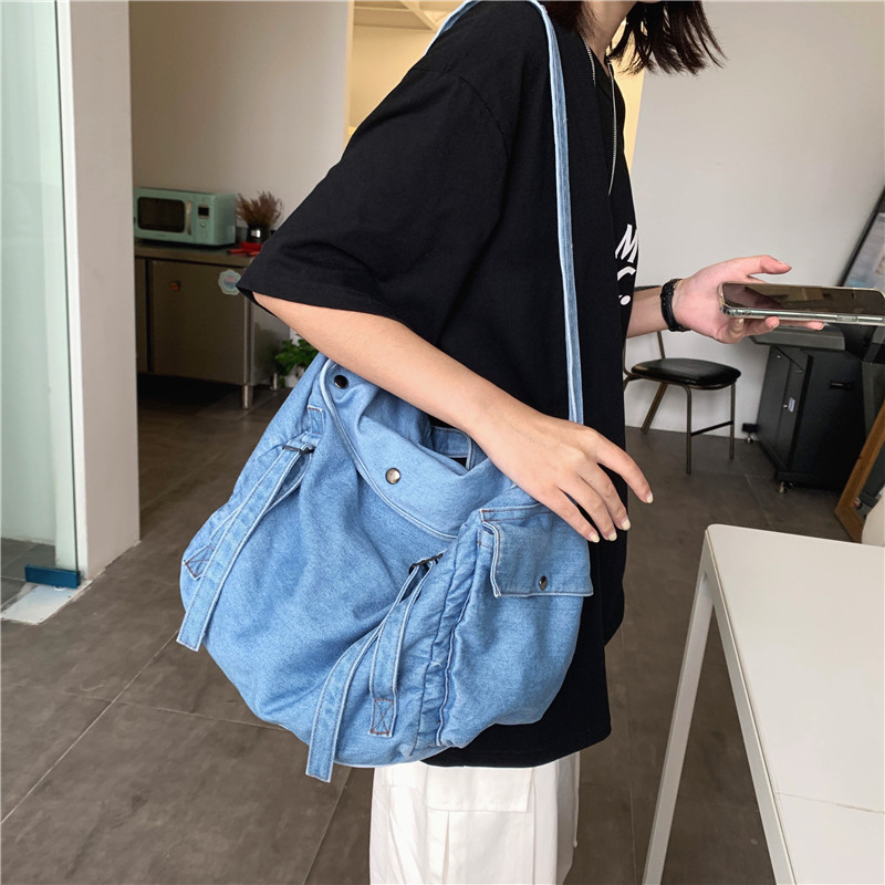 Denim canvas bag, ins Japanese Harajuku workwear style women's bag, Korean simple solid color student single-shoulder crossbody bag for women full figure