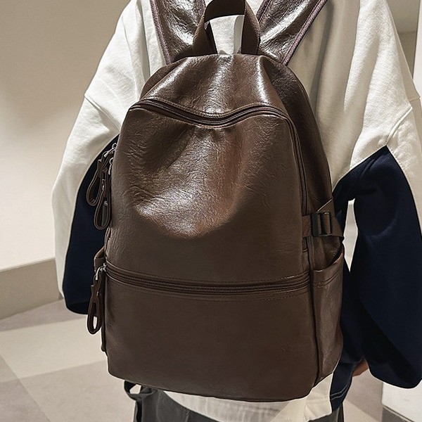 Cross-border retro pu soft new college student schoolbag, campus fashion men's and women's backpack, large-capacity travel backpack details Picture