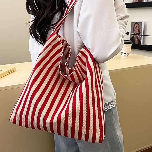 Japanese-style casual and artistic tote bag, ins forest-style contrasting color canvas handbag, trendy and fashionable striped single-shoulder women's bag Specification drawing