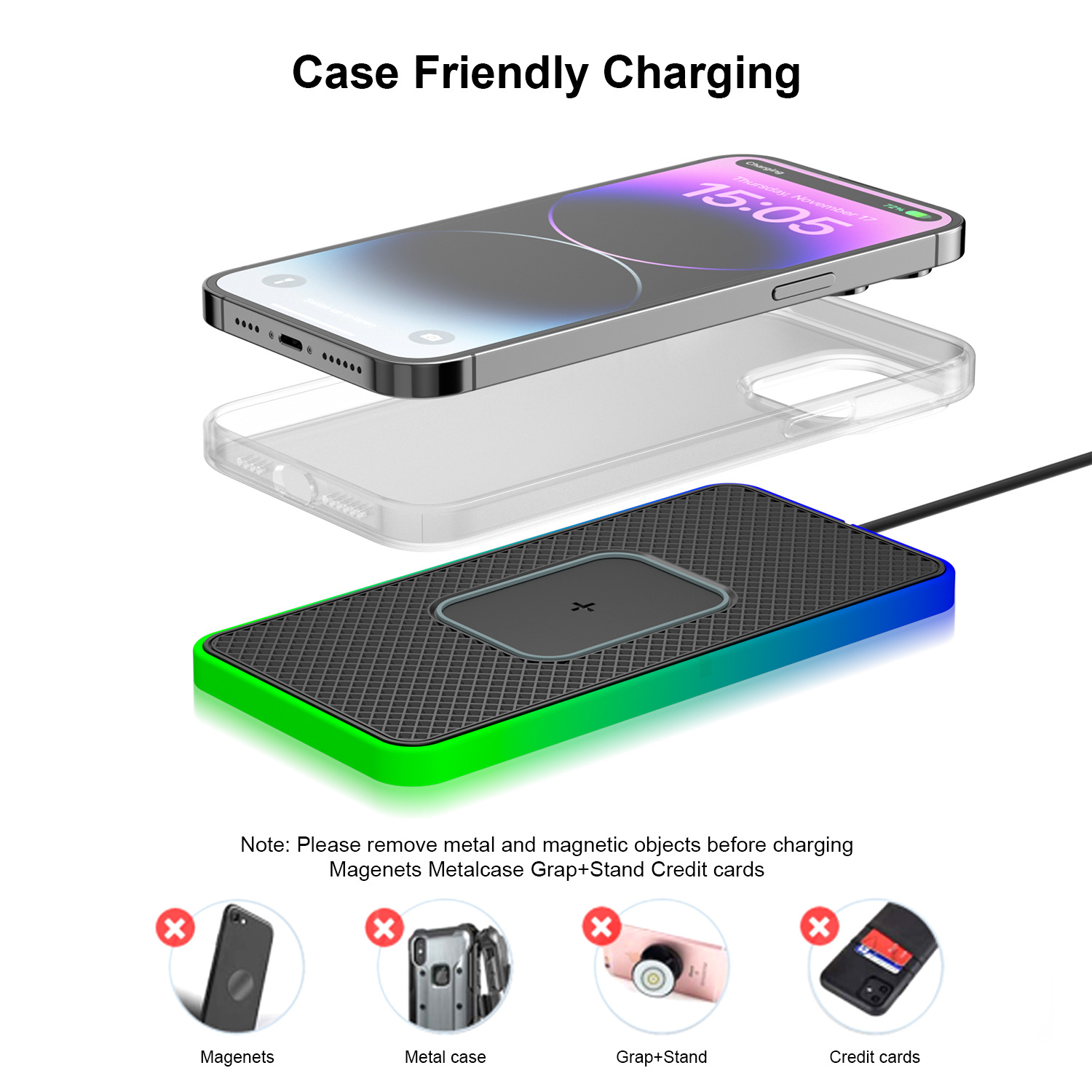The ambient light-emitting car mobile phone wireless charger is suitable for Mercedes-Benz, BMW, Audi, Toyota, Honda, Volkswagen and Apple Item Picture