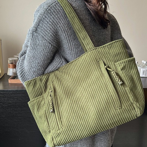 A popular 2024 autumn/winter new retro corduroy multi-pocket single-shoulder bag with large capacity, a student class bag made of fabric details Picture
