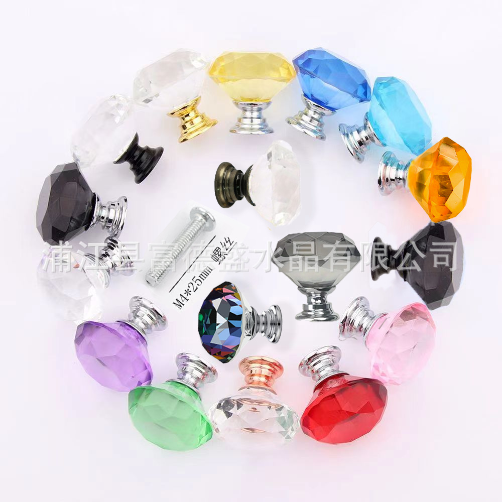 Multi-color light luxury crystal glass diamond-shaped, 30MM diameter single-hole handle, source stock drawer cabinet handle full figure