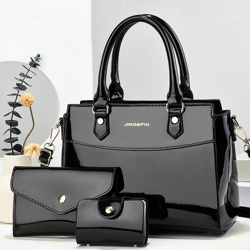 Shiny leather three-piece set 2023 new style fashionable, trendy and elegant middle-aged bag, mom's style bag, crossbody large capacity handbag details Picture