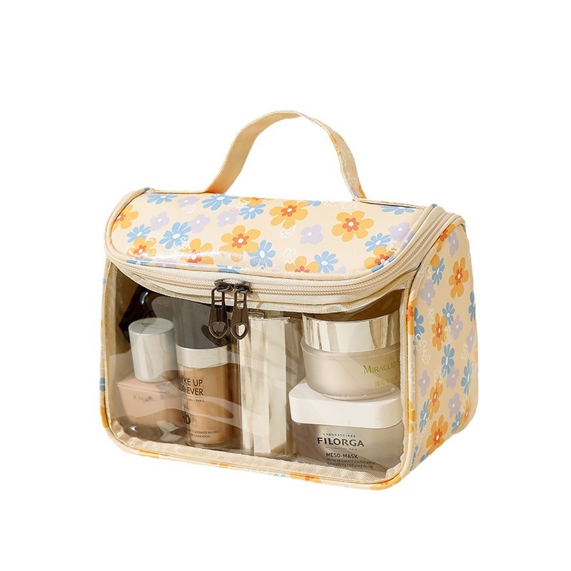 PU waterproof toiletry bag, large-capacity portable makeup bag, flip cover travel storage bag, visual cosmetics storage bag Item Picture