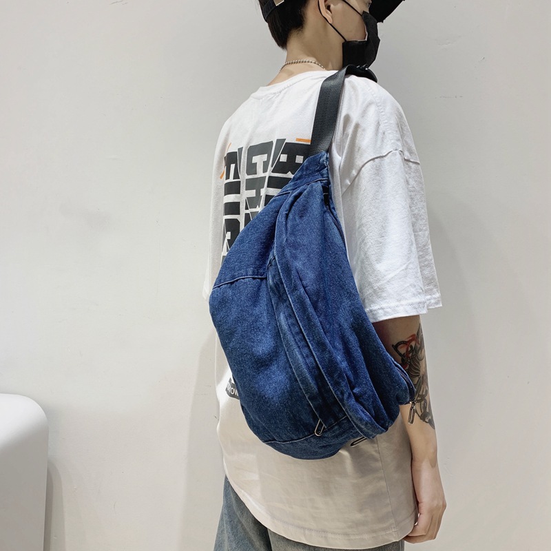 Washed denim crossbody bag for women, large capacity, artistic style, single-shoulder street functional waist bag, fashionable, individual and trendy chest bag Specification drawing