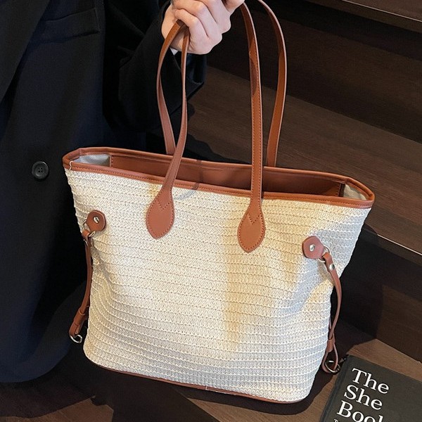 Simple woven bags, new summer casual large bags, vacation beach bags, color-blocking single-shoulder bags, hand-carry commuter tote bags Specification drawing