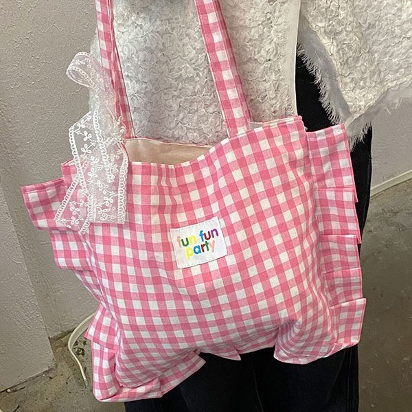 Korean checkered canvas bag for women's summer 2025 new style, trendy school style tote bag, casual large-capacity single-shoulder bag full figure