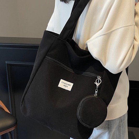 Casual large-capacity corduroy bag for women, 2024 new autumn and winter commuting single-shoulder bag, student class tote bag Specification drawing