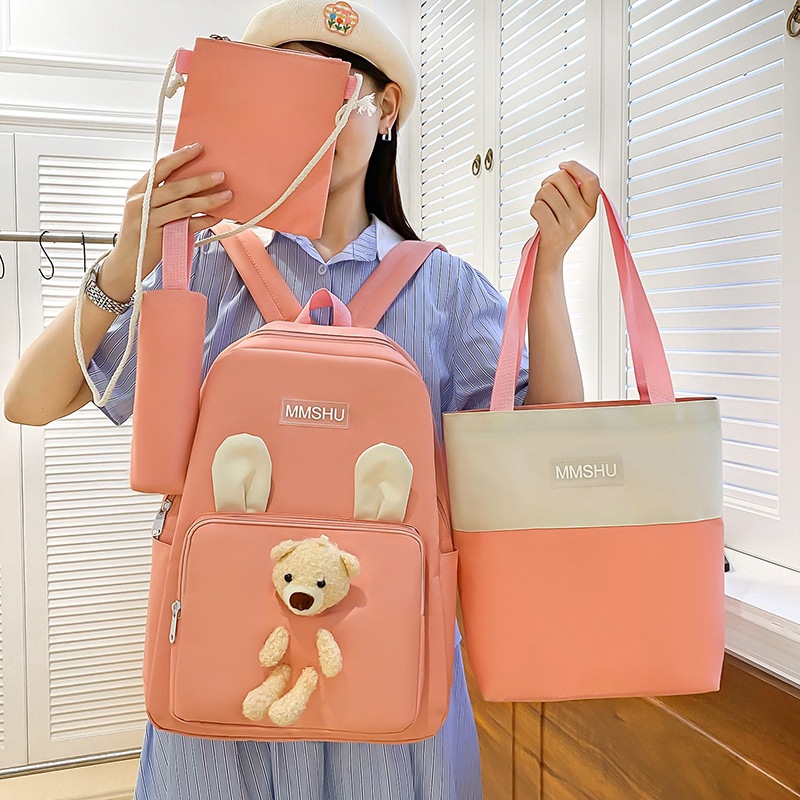 A cute cartoon bear backpack set of four pieces, a large-capacity hand-held after-school bag for primary school students, a casual and versatile trendy backpack Specification drawing